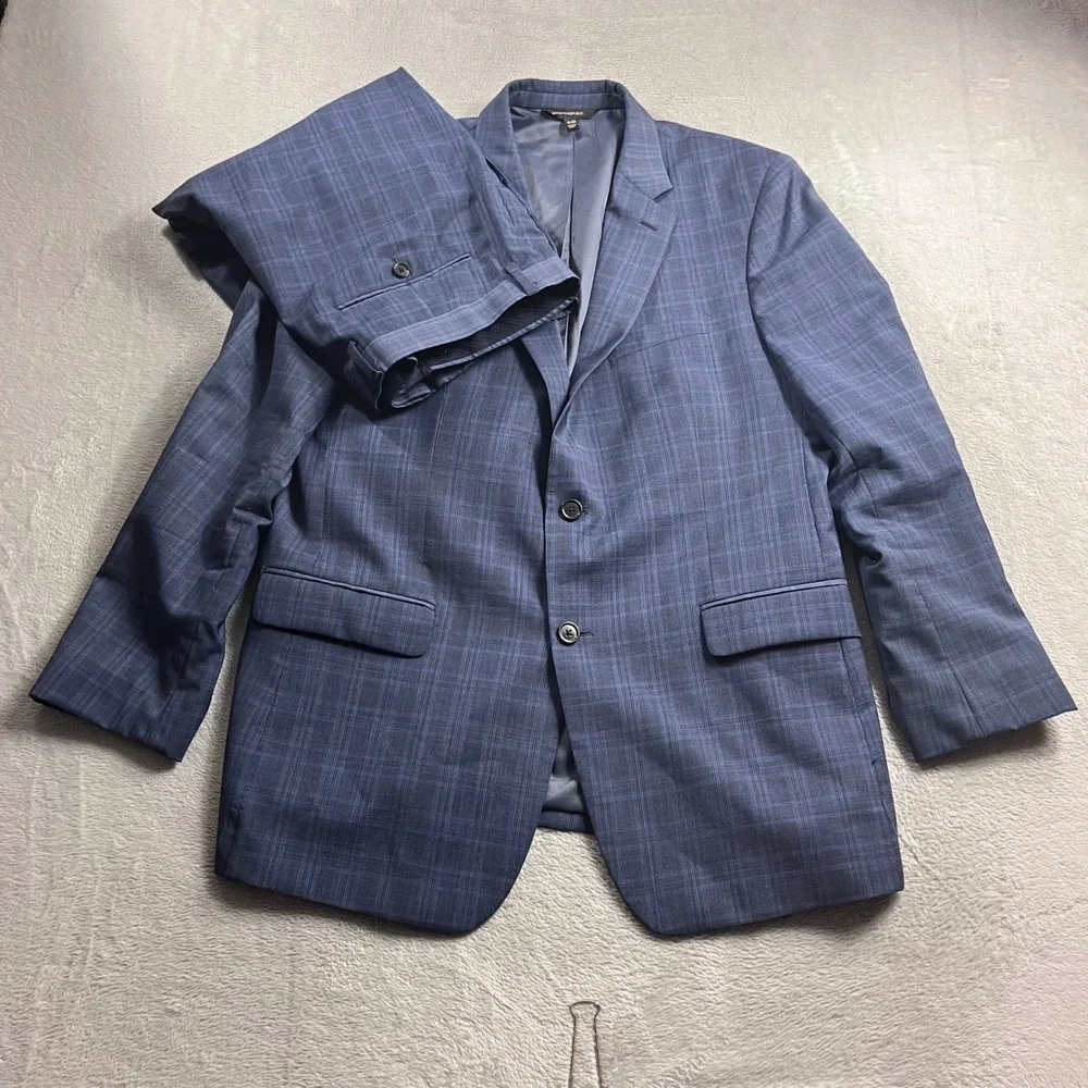Banana Republic Slim Fit Suit 44R 35x30 Blue Plaid Marlane Italian Wool Mens